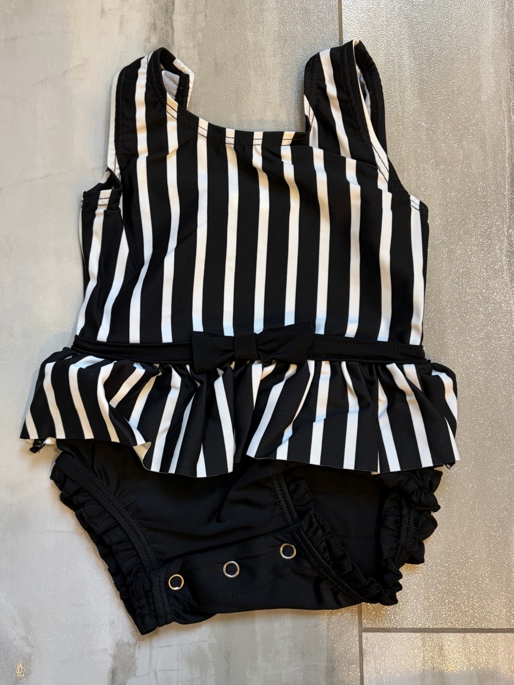 NWT RuffleButts Black & White Striped Skirted One-Piece Tank Swimsuit Girl 3-6M